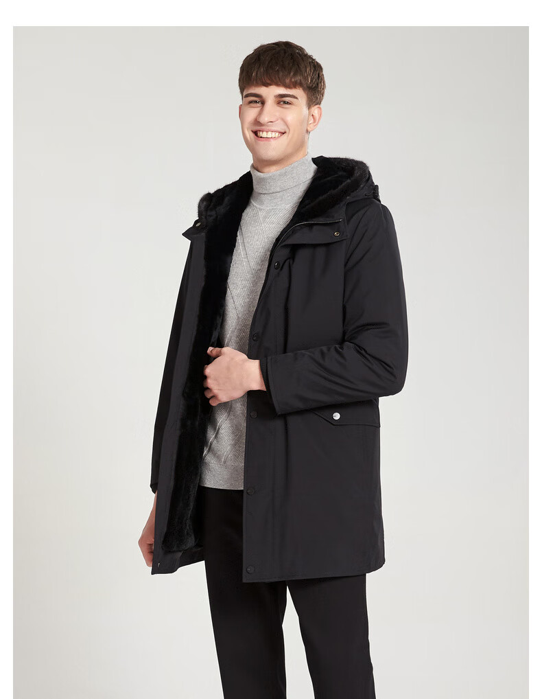 boni堡尼中青年尼克服男水貂毛领商务休闲男士兔毛加厚外套黑175