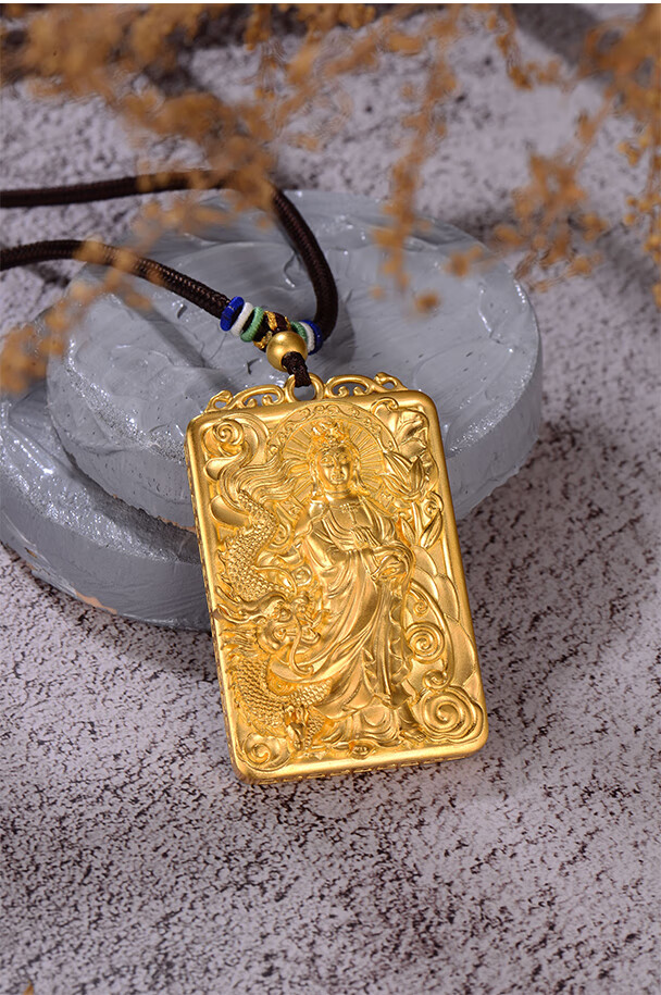 老凤凰款古法金观音吊坠男100克实心黄金方牌项链999足金坠子挂绳黑绳