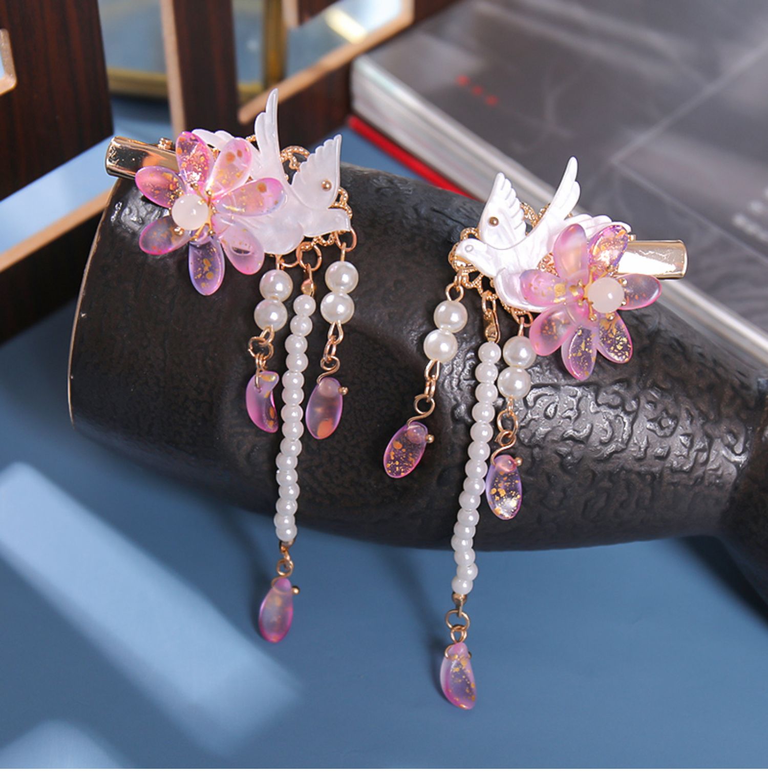 古风发夹头饰粉色花朵夹子古装燕子边夹配饰儿童流苏发卡汉服头饰