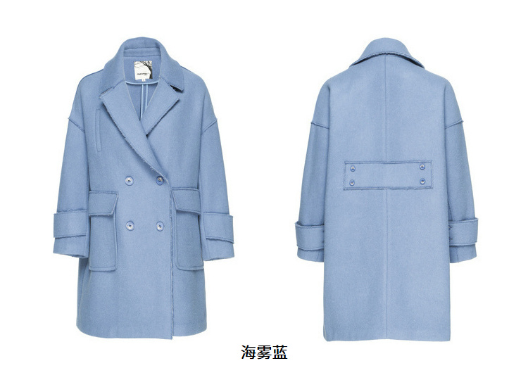布景毛呢外套女简约风polo领长袖大口袋中长款纯色羊毛大衣 海雾蓝 l