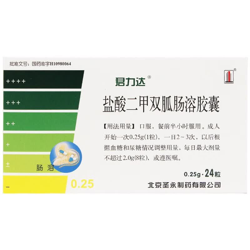 君力达盐酸二甲双胍肠溶胶囊025g24粒盒20盒装85盒