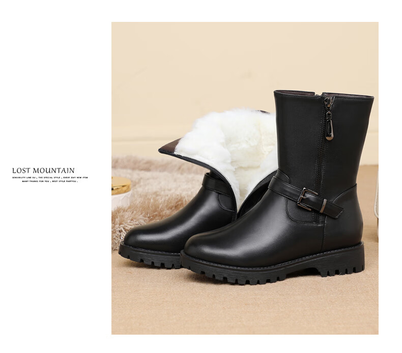 军勾冬季加绒女士真皮棉鞋女短靴平跟妈妈鞋羊毛棉靴女式棉皮鞋中筒靴