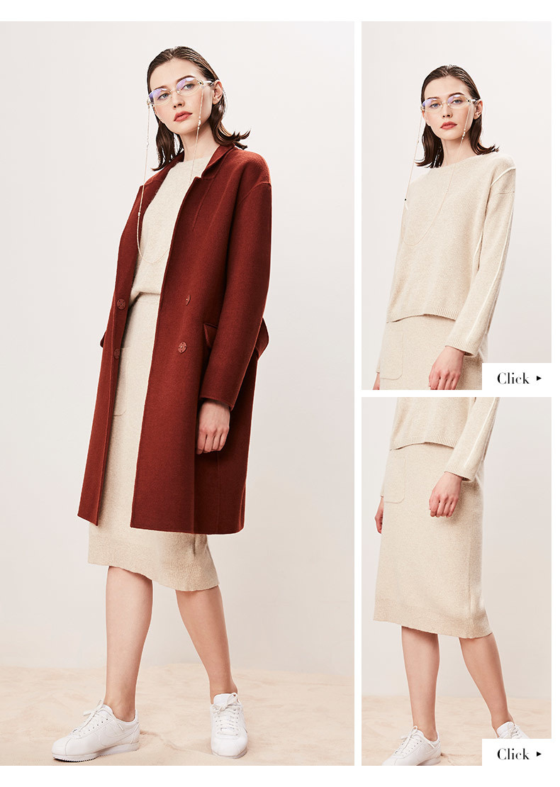 naivee/纳薇秋冬女装双排扣西装领时尚中长款羊毛呢大衣 06褐色 l