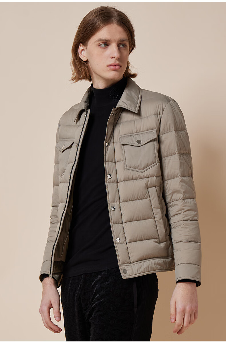 rare威雅男装男士卡其色翻领薄款羽绒服卡其色50