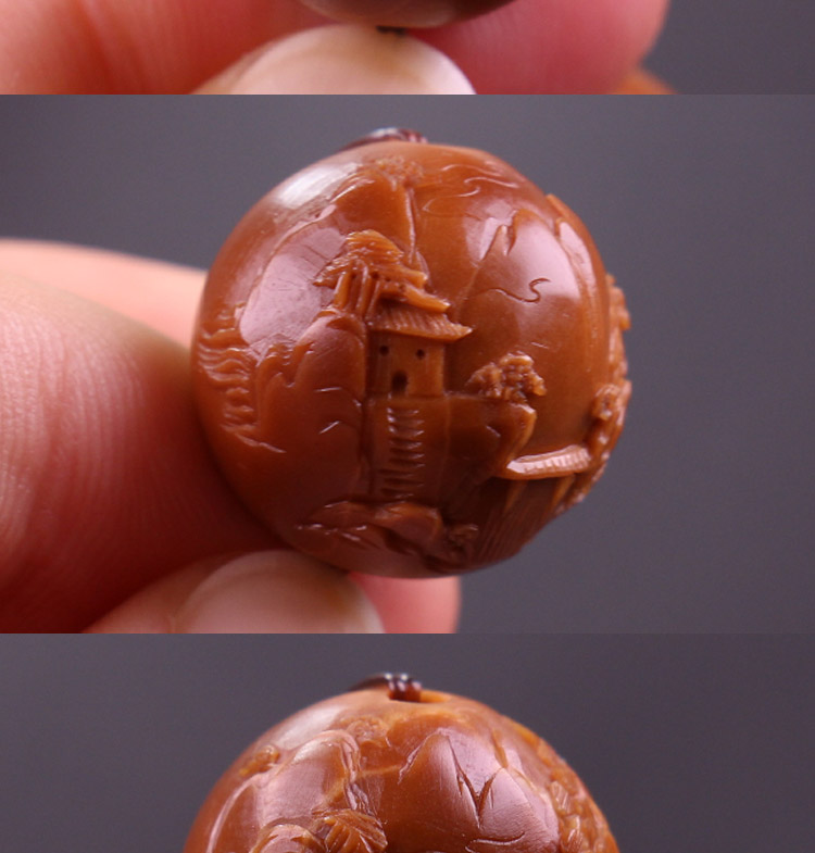 浅浮雕山水风景正圆185光珠橄榄核核雕手串舟山纯手工雕刻手链