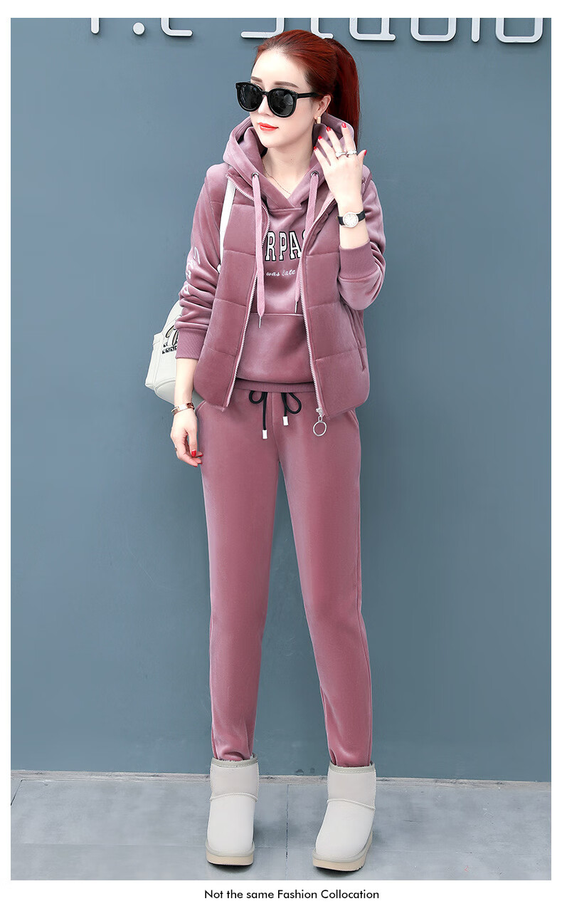 运动服套装女时尚新款冬装加绒加厚连帽卫衣休闲小脚裤三件套 藕粉 m