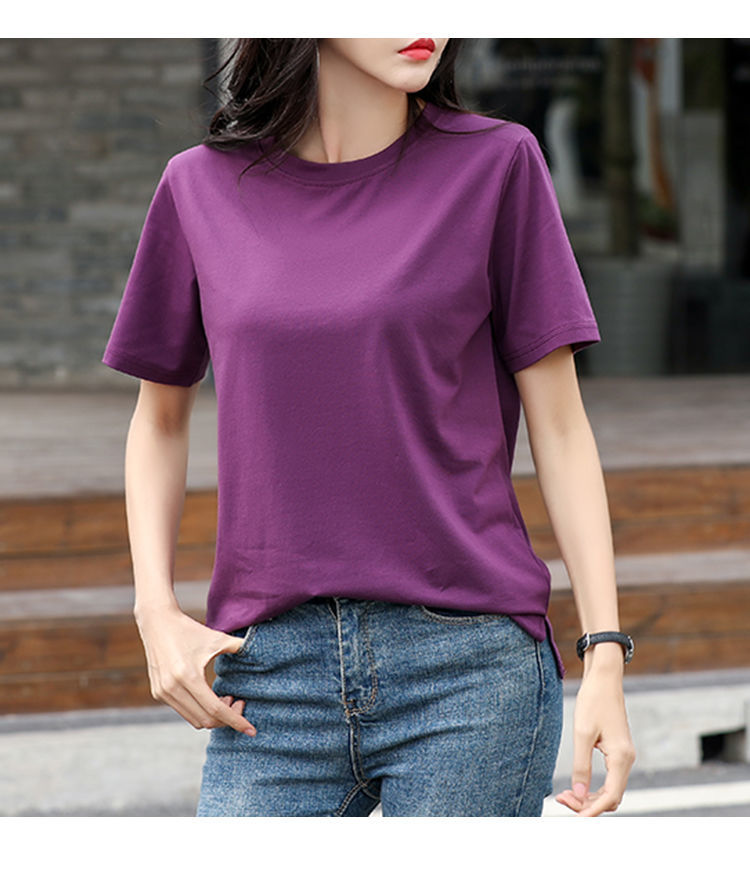 中老年女夏装妈妈纯棉短袖t恤女宽松大码紫色上衣半截袖开叉丅恤深
