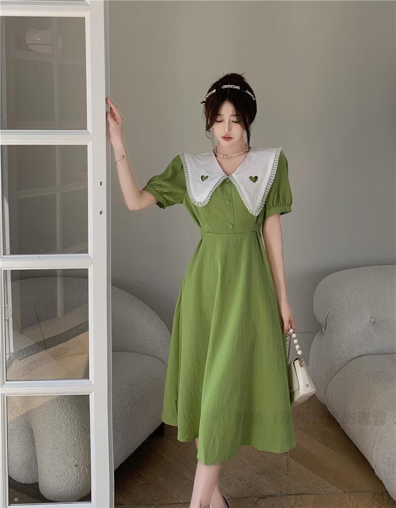 大学生裙子女夏韩版初中生长裙及脚踝娃娃领绿色小清新连衣裙 绿色 s