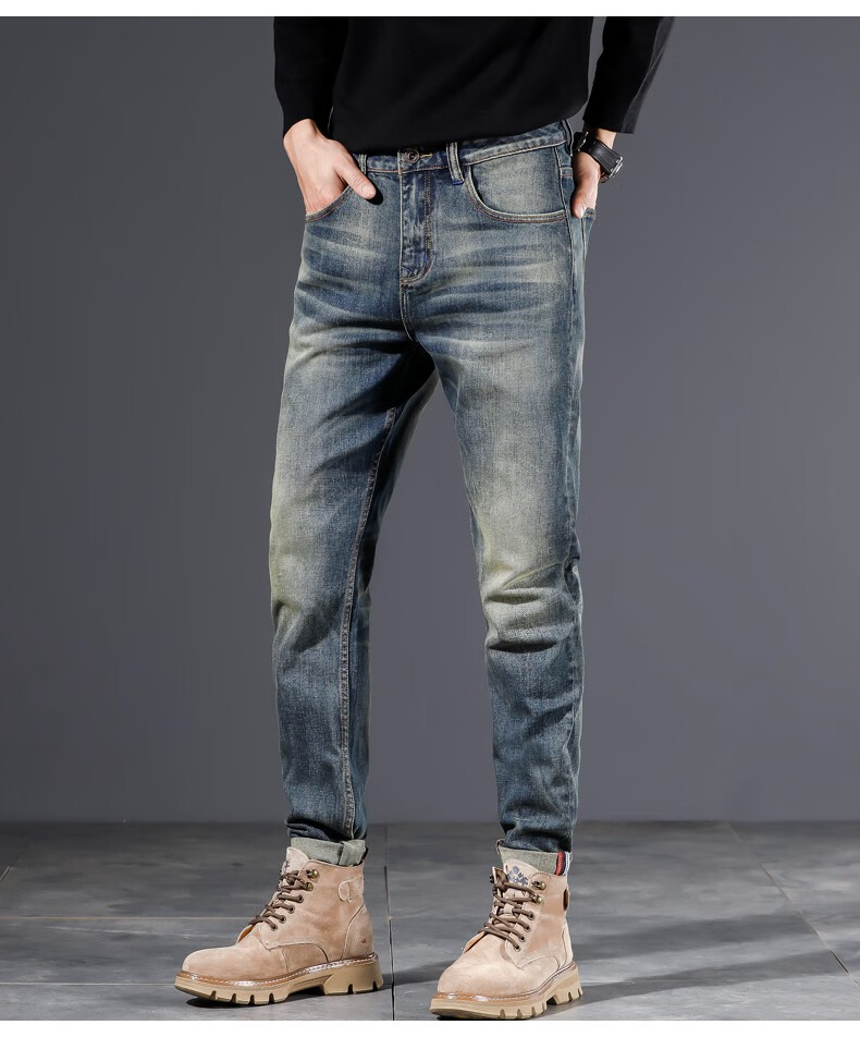 lee cooper怀旧经典牛仔裤男秋季修身潮流直筒男士小脚复古色磨破磨黄