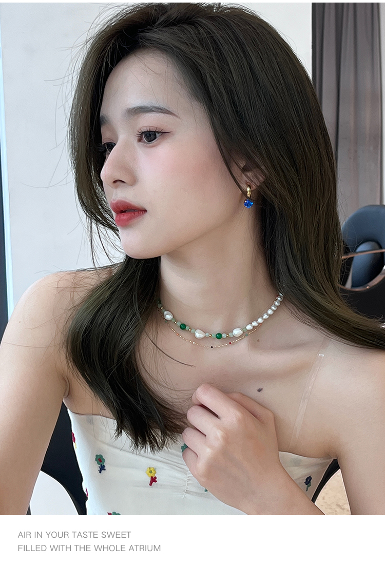 iu李智恩同款复古巴洛克绿石珍珠项链双层叠带彩色串珠锁骨链珠链