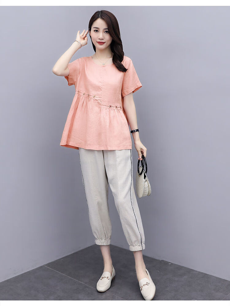 素订高端棉麻套装女2021新款时尚宽松套装夏装休闲韩版遮肚显瘦洋气