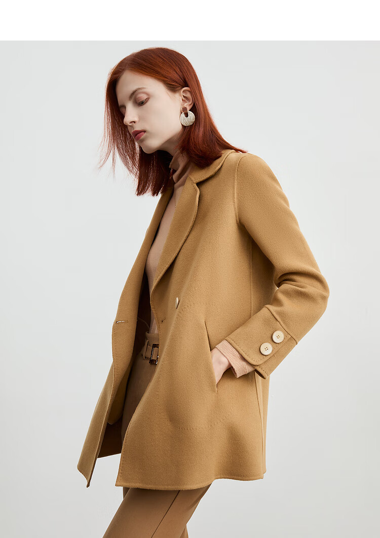 finity毛呢外套2022年秋冬季新款驼色纯羊毛气质双面呢保暖外套女