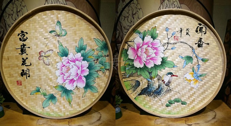 定做竹簸箕画手工画竹匾画竹筛画竹筐画竹编创意画农家乐装饰道具绘画