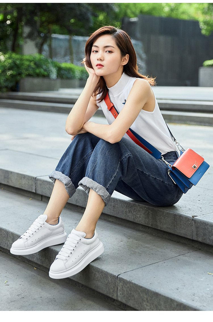 哥弟女鞋2021春夏新款牛皮韩版厚底小白鞋女休闲板鞋910202 白黑