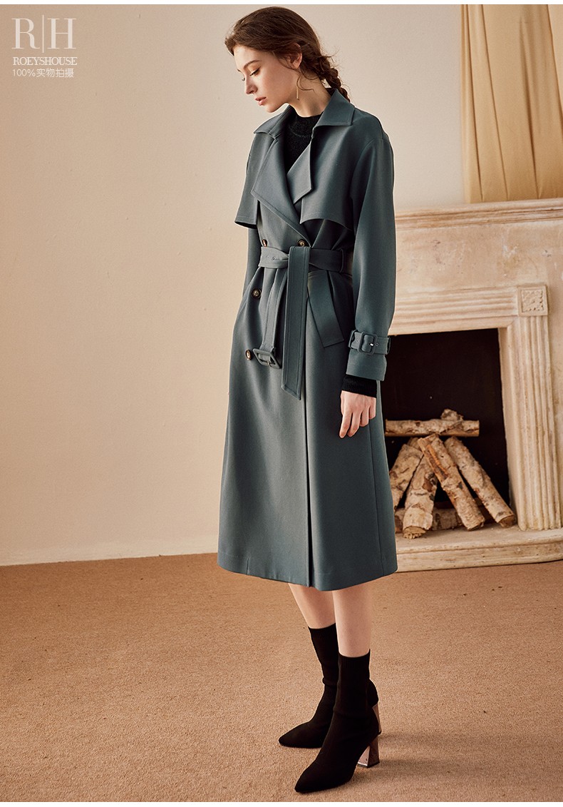 roeyshouse罗衣英伦气质风衣女中长款知性通勤纯色外套00800孔雀绿l