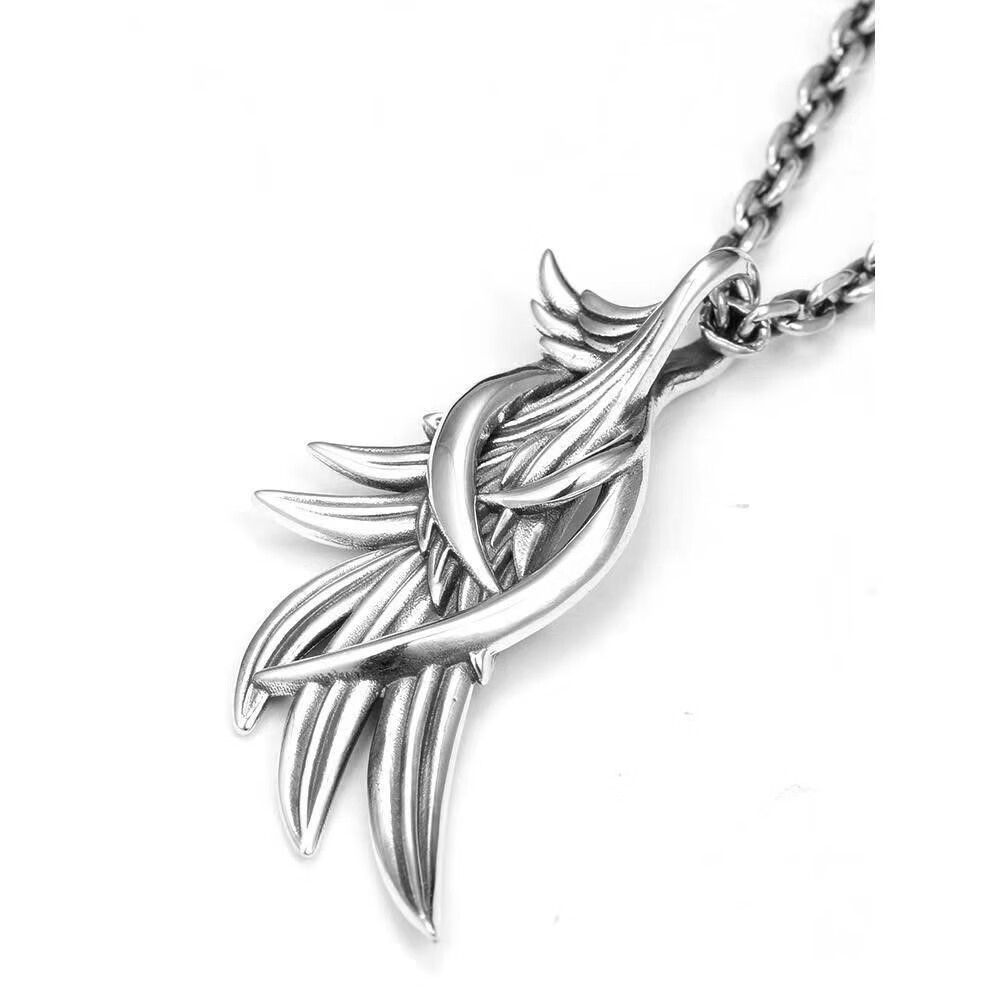 新款吊坠守护之翼羽毛项链s925银做旧男士个性嘻哈潮毛衣链饰品 吊坠