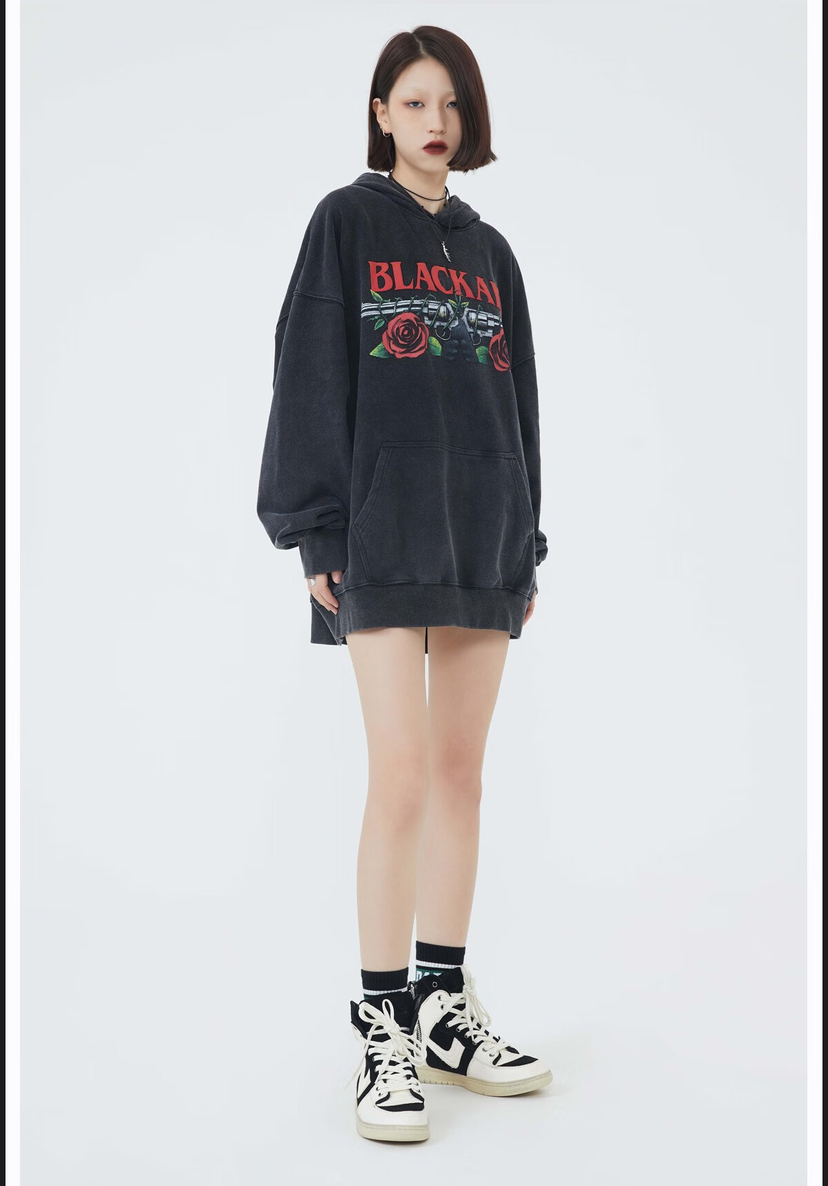 应九blackair美式复古连帽卫衣男玫瑰印花嘻哈潮牌宽松情侣街舞帽衫女