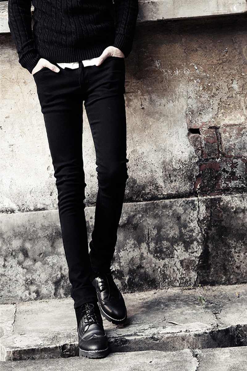 超低腰紧身牛仔裤男士溥薄款男纯黑色修身小脚裤韩版潮男弹力铅笔裤男