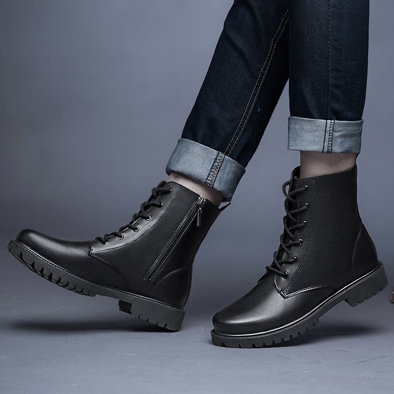 lielv品牌男鞋时尚牛皮马丁靴男冬季加绒加大码48皮靴男士英伦风黑色