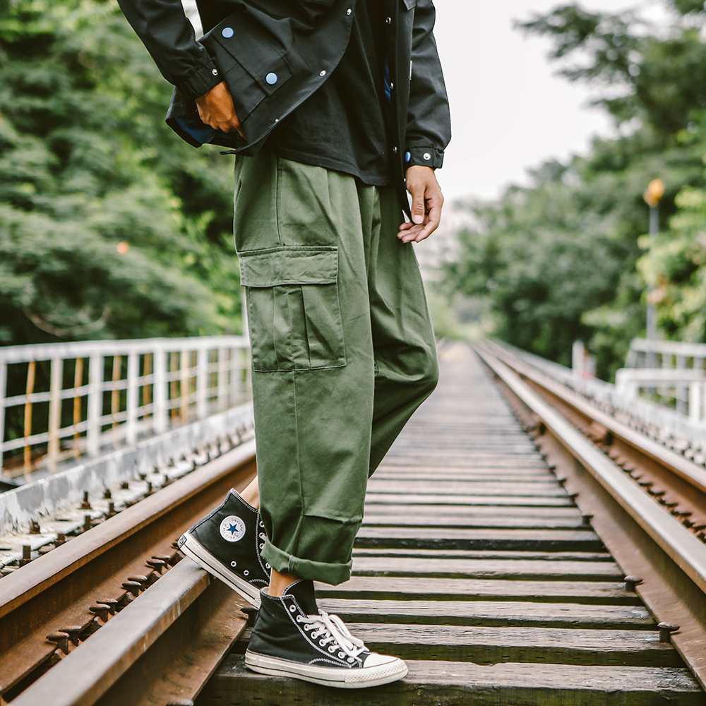 ins工装裤男日系复古港风ulzzang垂感阔腿裤宽松直筒九分裤余文乐