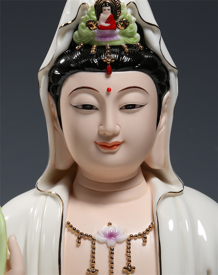 微美10至16吋水莲观音佛像供奉观世音菩萨家用佛教佛堂陶瓷摆件 彩底