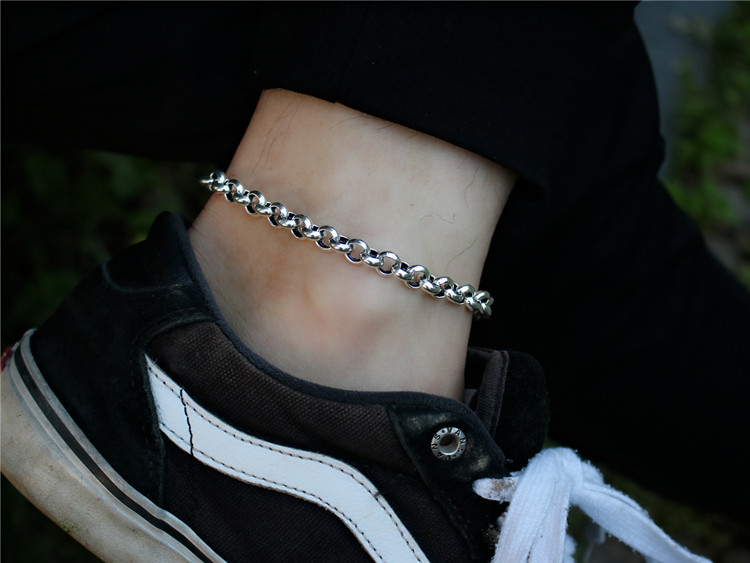 男士足银脚链不掉色圆圈足链粗休闲简约复古个性情侣925泰银冷淡脚围