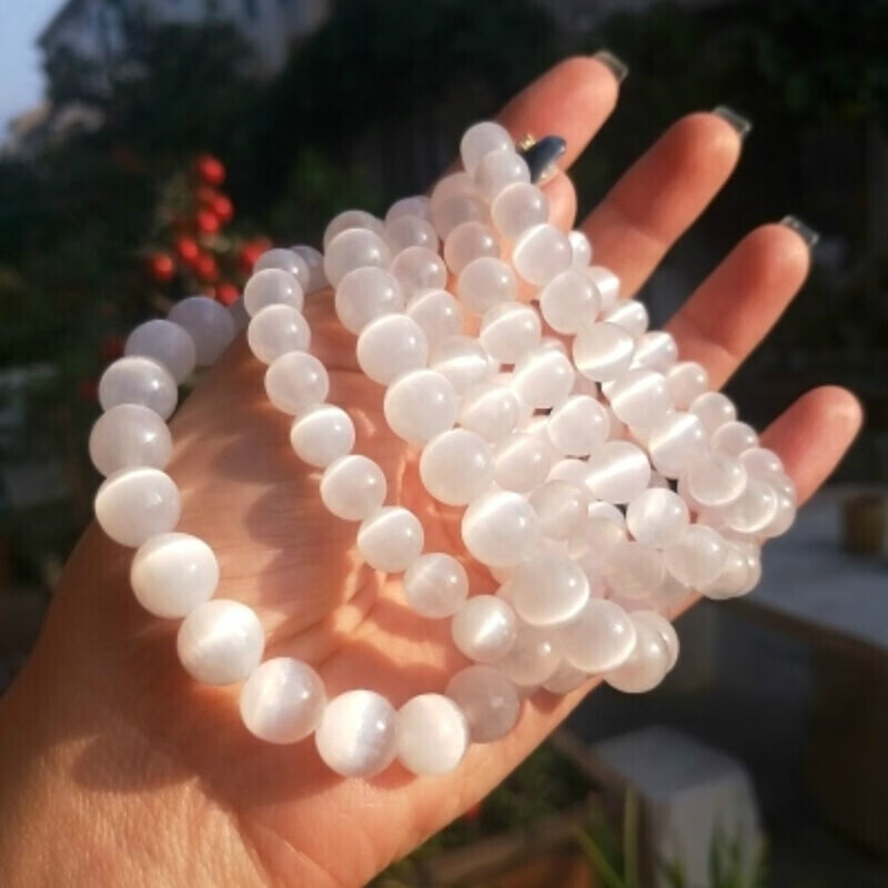 顶盈天然摩洛哥透石膏手串白色一线强猫眼石手链女单圈高频能量疗愈石