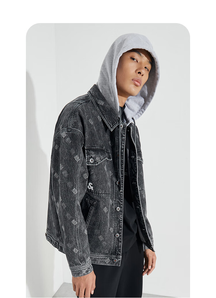 jackjones杰克琼斯秋男nba联名可拆卸连帽logo牛仔夹克外套222357011