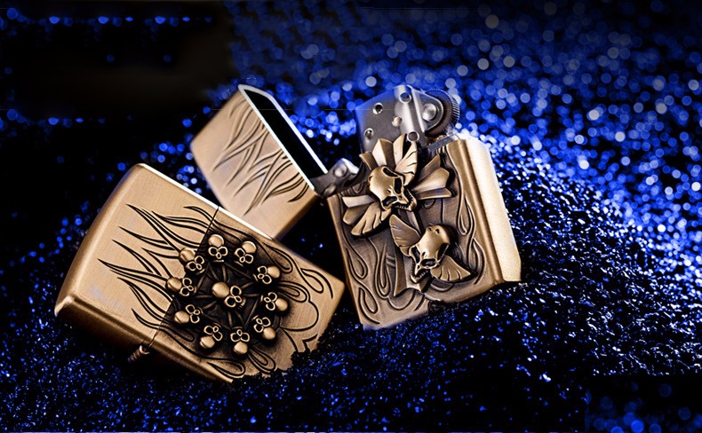 煤油打火机 青铜玫瑰花砂轮火石明火创意礼品 铁盒装三件套 圆头鬼