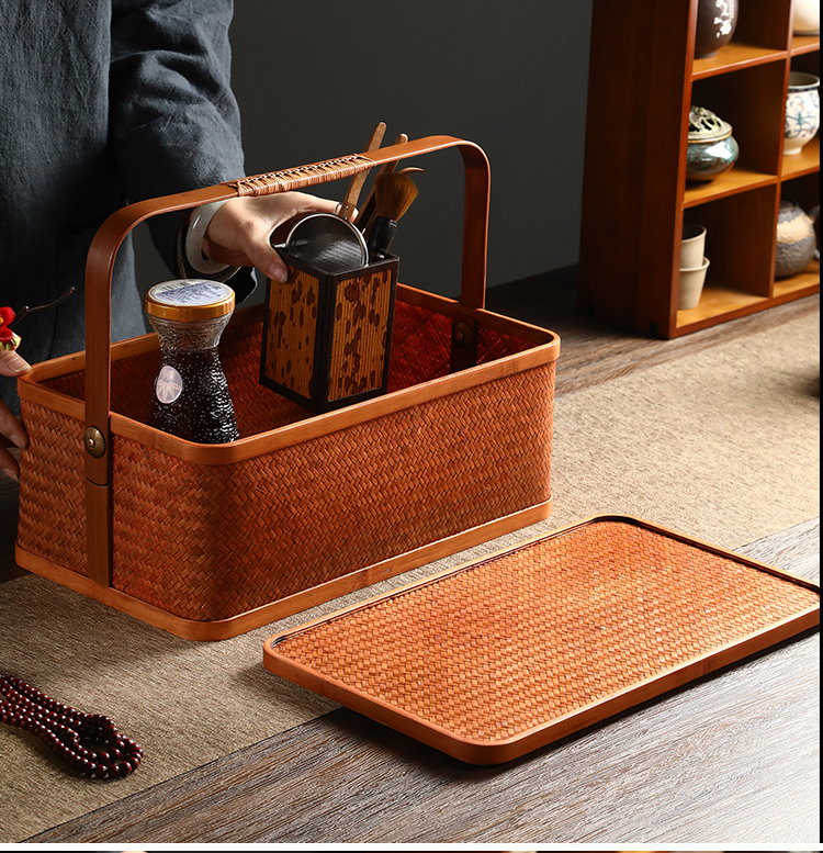 茶杯收纳盒 复古竹编提篮食盒双层带盖长方形手提茶箱功夫茶具收纳盒