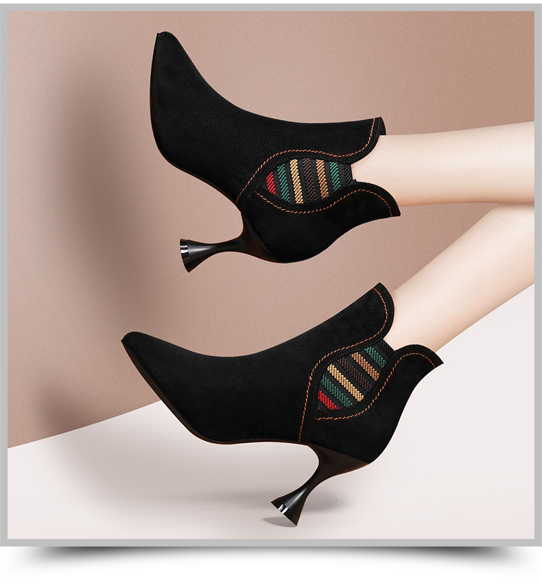 时尚女鞋 女靴 奥康(aokang) 奥康细跟高跟鞋尖头磨砂显瘦小短靴2021