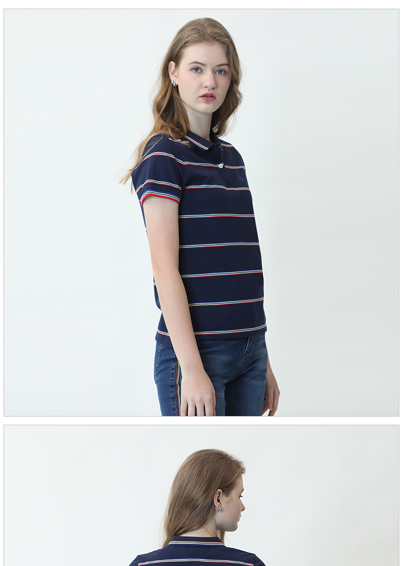 波顿经典美式彩虹条纹休闲短袖polo衫女夏季纯棉运动百搭t恤上衣 宝蓝