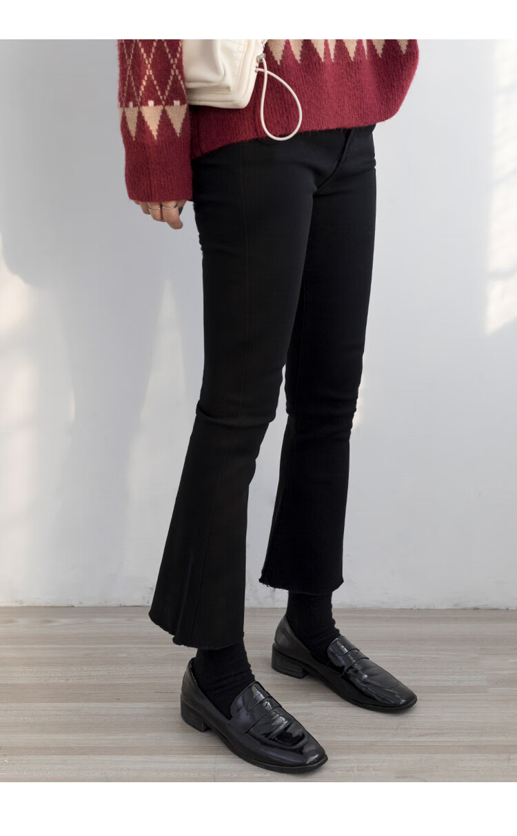 现货eggka微喇裤女高腰显瘦黑色裤子春秋新款抓绒紧身小脚九分裤黑色m