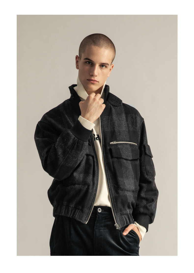 【商场同款】ak男装精锐系列立领格子毛呢夹克男厚夹克1941476 深灰 l