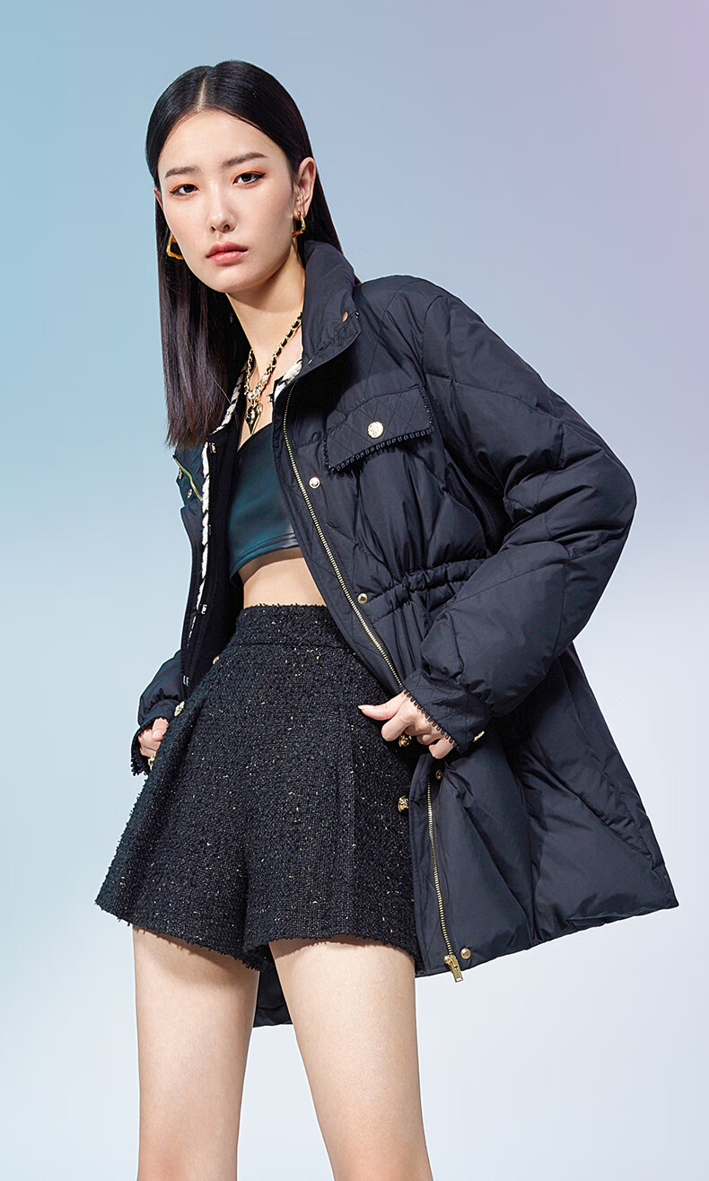 ochirly欧时力 小香风中长款羽绒服女 2022新款秋冬轻薄保暖外套 黑色