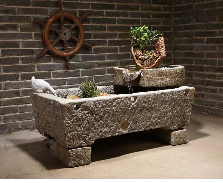 石头花盆老石槽鱼缸阳台水景旧水槽庭院户外摆件猪槽石盆流水组合古瓦