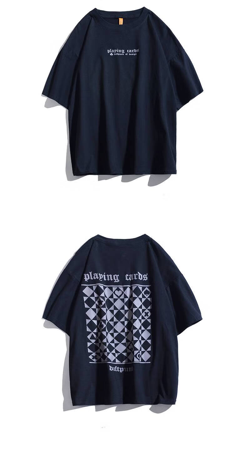 daftpunk疯庞克街头国潮暗黑方块格短袖男t恤嘻哈宽松半袖美式上衣ins