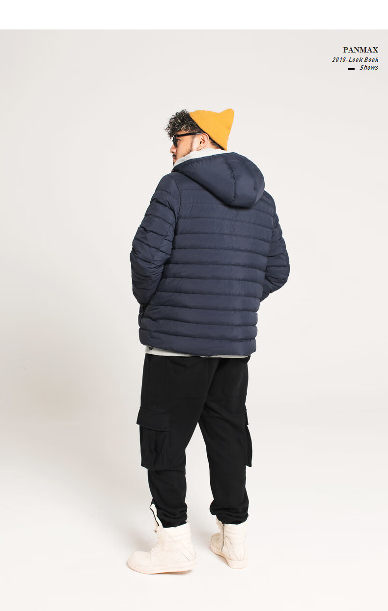 panmax羽绒服男潮牌轻薄羽绒衣短款撞色大码胖子连帽冬装外套男藏青xl