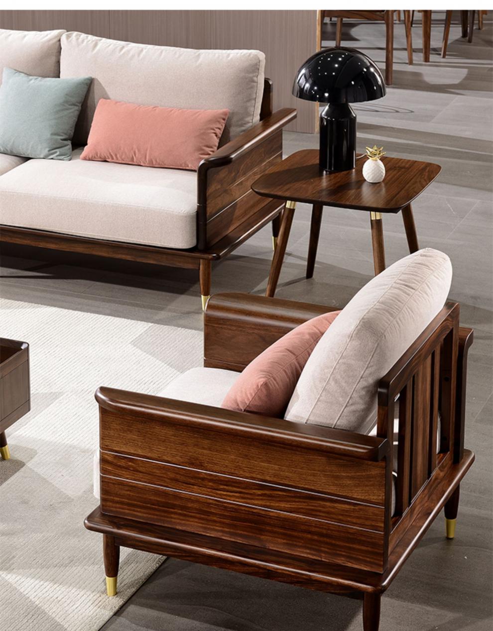 轻奢全实木沙发客厅极简铜木家具北欧原木布艺沙发组合套装极简乌金木