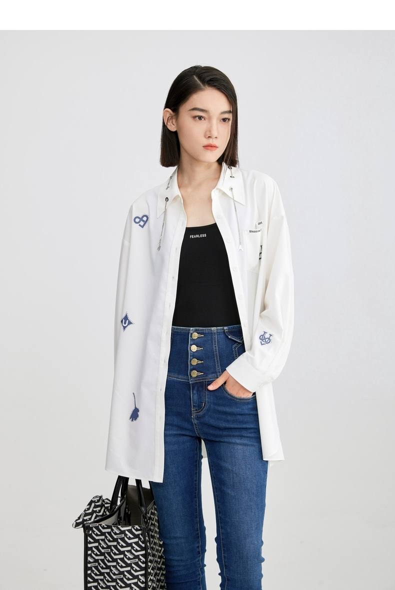 u/tiuti尤缇2022秋季新款上衣链条装饰休闲衬衣 设计感烫钻白衬衫女装