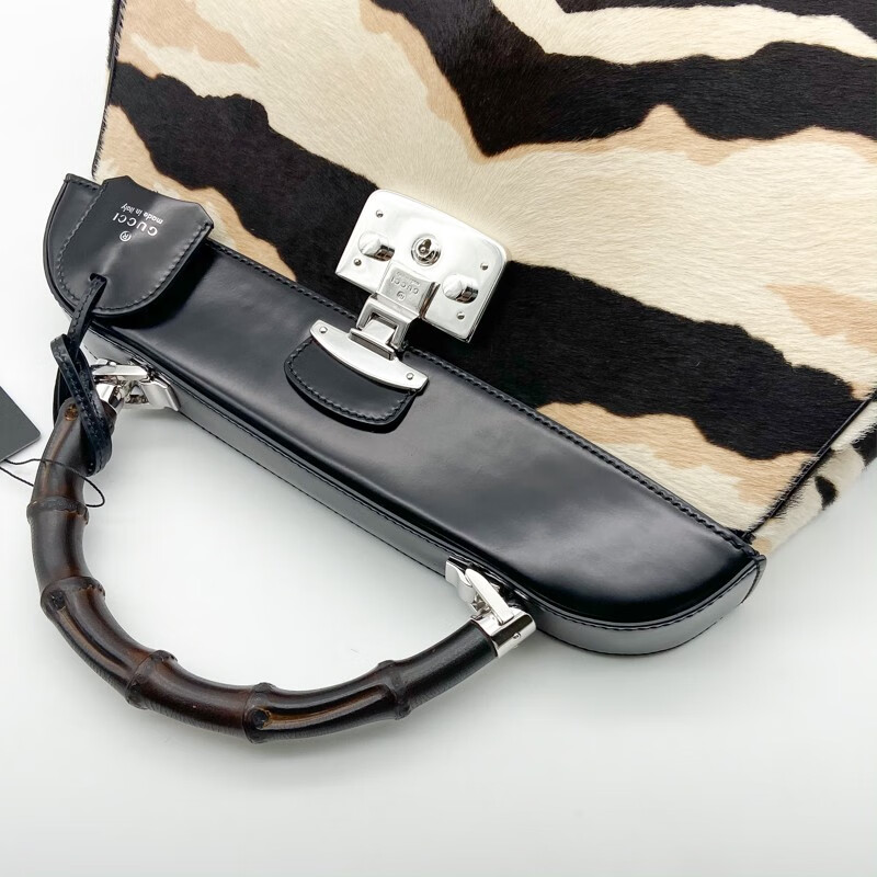 二手99新gucci古驰女包时尚现代竹节手柄手提包豹纹牛皮大容量98新