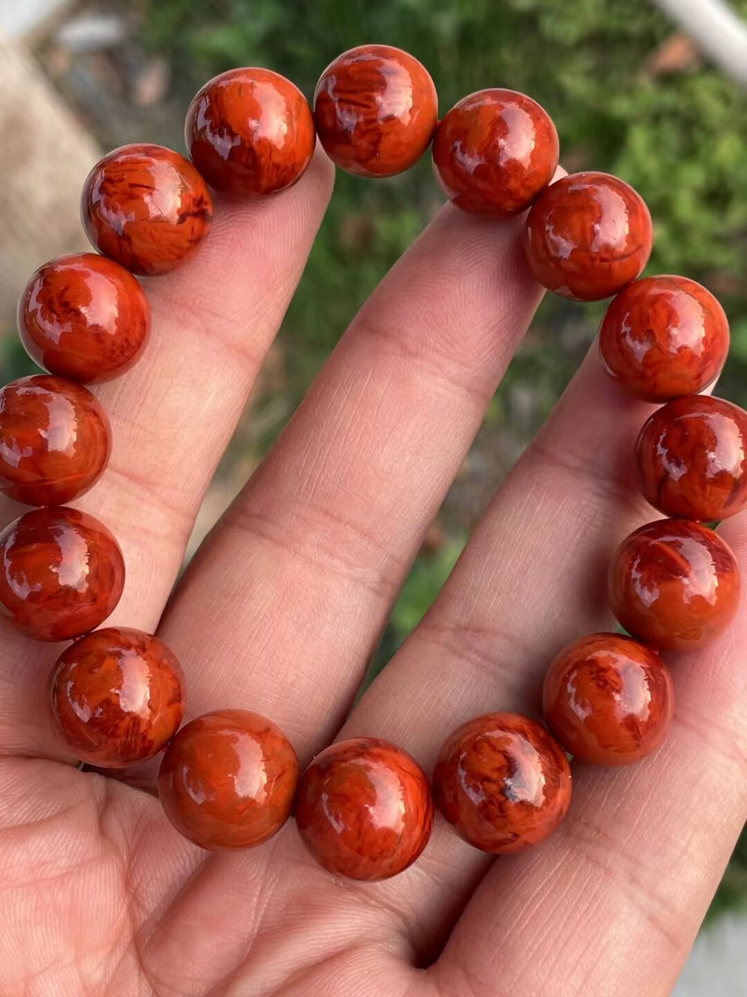 菩香阁天然南红火焰纹柿子红老矿老型圆珠手串满色手链四川凉山收藏级