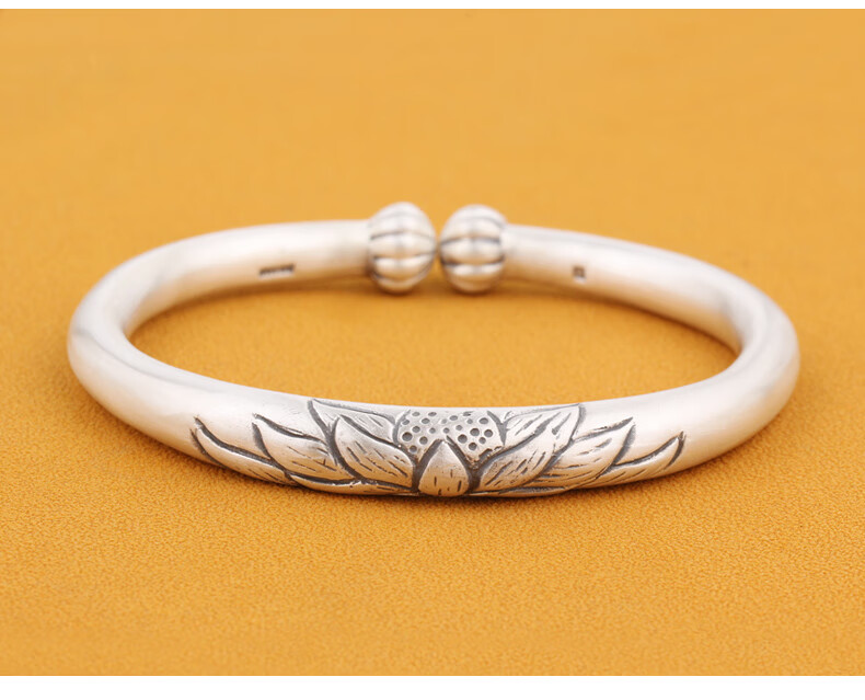 银手镯女9999民族风古法复古荷花莲花古风足银镯子送妈妈长辈 足银