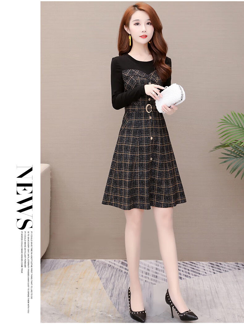 长袖格子毛呢打底连衣裙2019年秋冬季女装新款流行裙子加厚大码潮 红