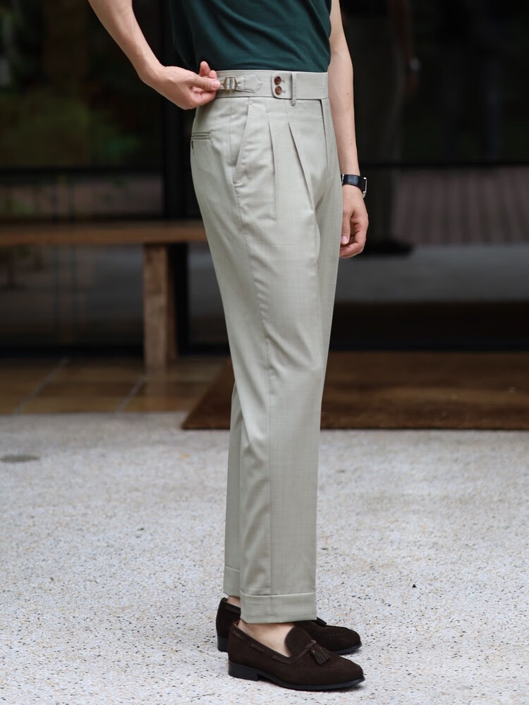 上东奢媛意式那不勒斯高腰双褶直筒九分翻边西裤70%羊毛 夏季薄款