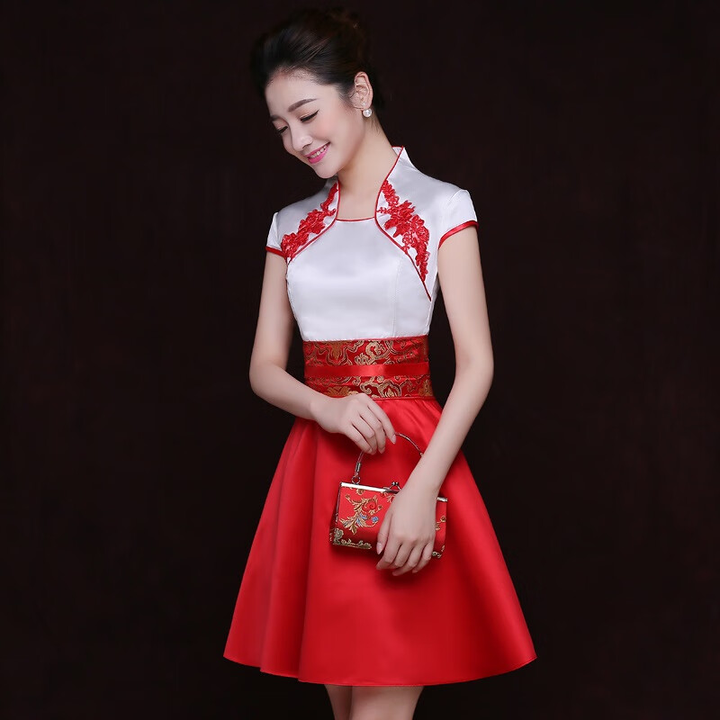 礼仪小姐礼服旗袍迎宾服装女礼仪小姐服长款青花瓷服礼仪 白红短的袖