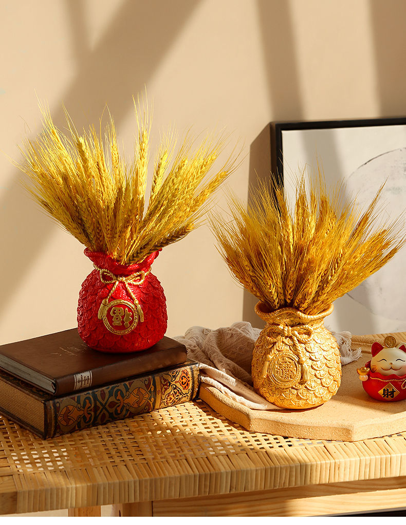 福袋黄金麦穗干花束客厅酒柜家居装饰品摆件花瓶开业大麦 金色瓶 红色