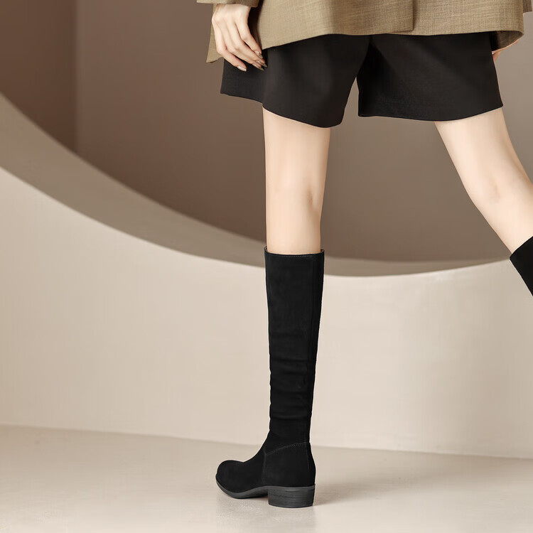 tata他她冬时尚圆头百搭女靴新款女高靴 军绿色单里 33【图片 价格