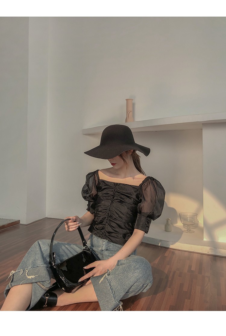 灯笼袖宫廷风t恤女夏超仙方领一字肩泡泡袖短款上衣 黑色 【款】 s