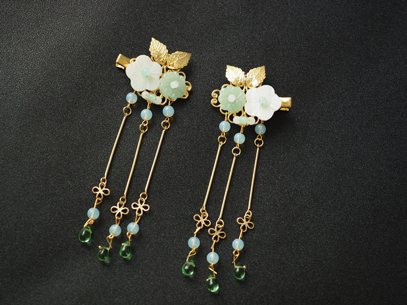 琉璃花朵可爱发夹流苏对夹百搭汉服古风配饰一对 红颜旧红色一套